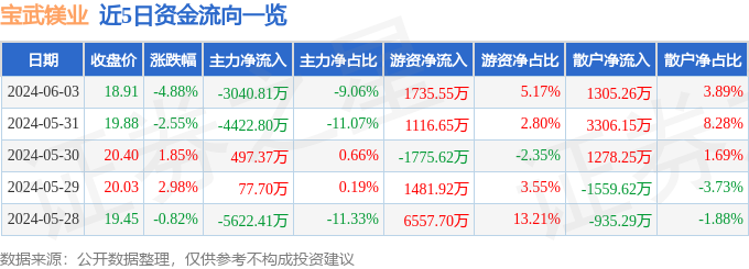 宝武镁业（002182）6月3日主力资金净卖出304081万元(图1)